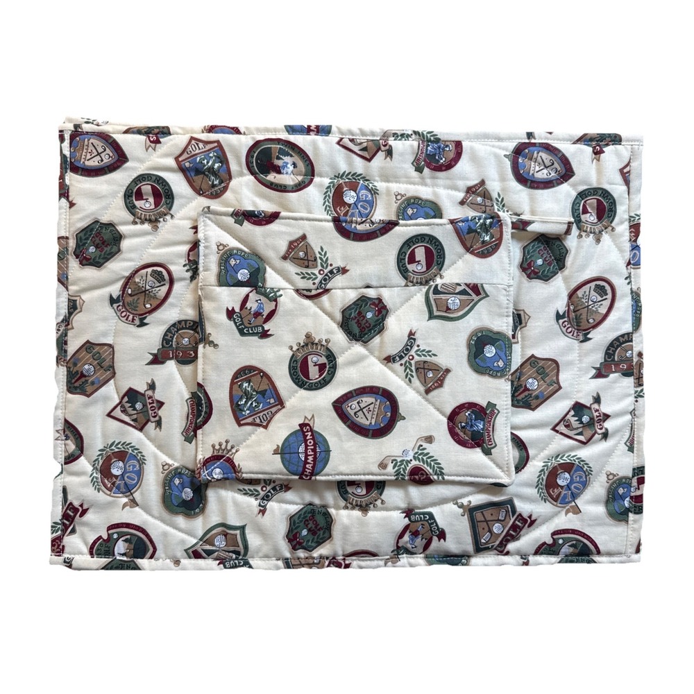 P Kaufman Printworks Handmade Quilted Golf Crests 4 Placemats 1 Pot Holder NEW